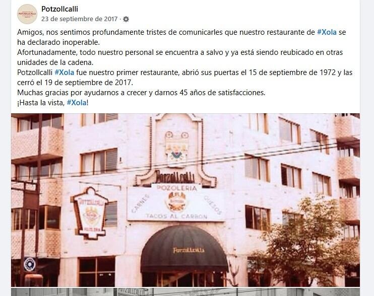 La primera sucursal de Potzollcalli, ubicada en Xola, cerró tras afectaciones del sismo del 19 de septiembre de 2017. (Foto: Captura)