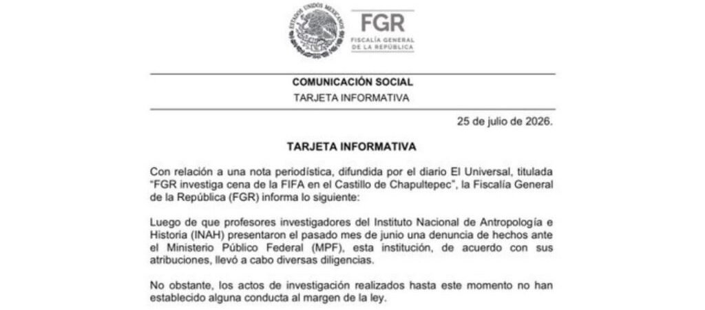 FGR descarta, hasta ahora, irregularidades en la cena de la FIFA en el Castillo de Chapultepec FGR descarta, hasta ahora, irregularidades en la cena de la FIFA en el Castillo de Chapultepec