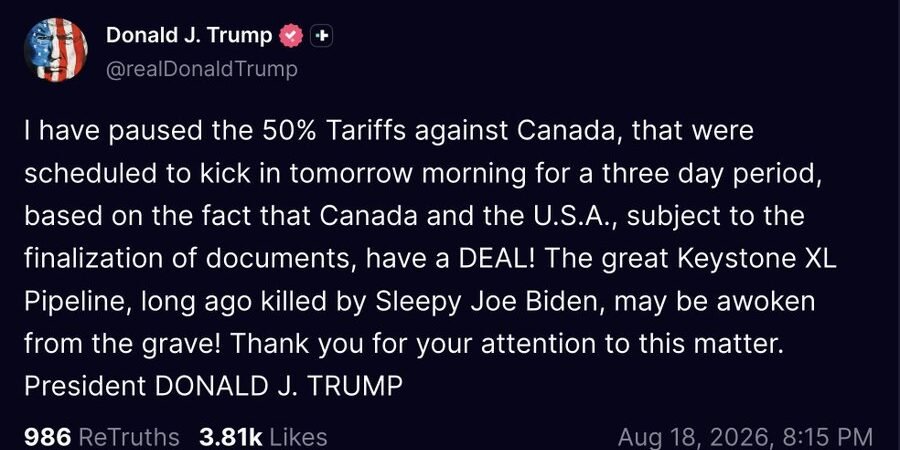 Trump frena aranceles del 50% a Canadá por tres días y revive la carta del oleoducto Keystone XL Trump frena aranceles del 50% a Canadá por tres días y revive la carta del oleoducto Keystone XL
