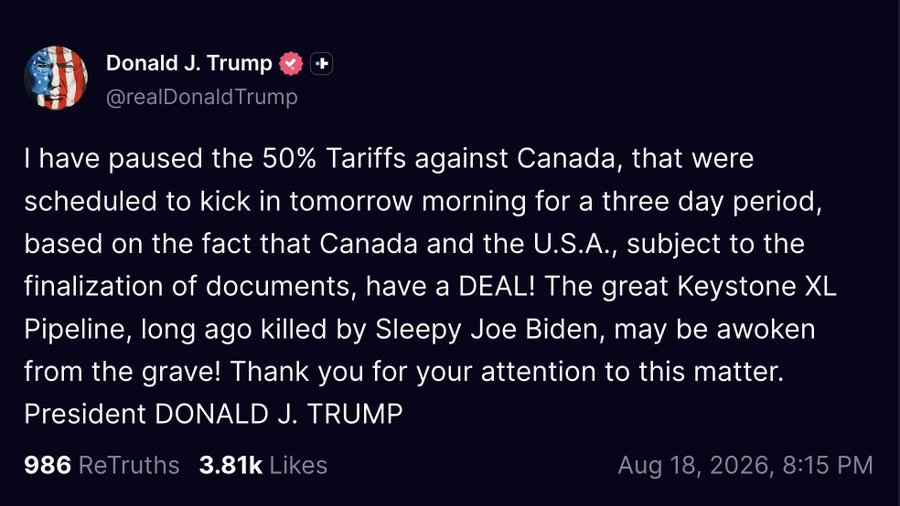Trump frena aranceles del 50% a Canadá por tres días y revive la carta del oleoducto Keystone XL