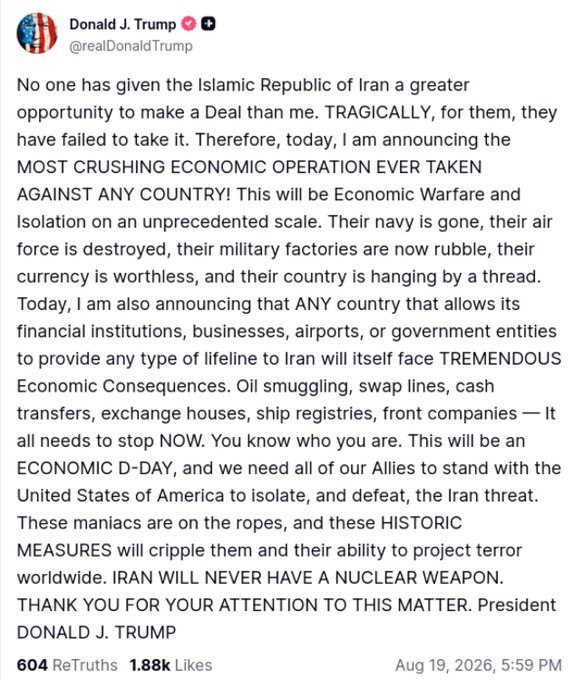 Trump anuncia ofensiva económica contra Irán y amenaza con castigar a quienes mantengan vínculos con Teherán