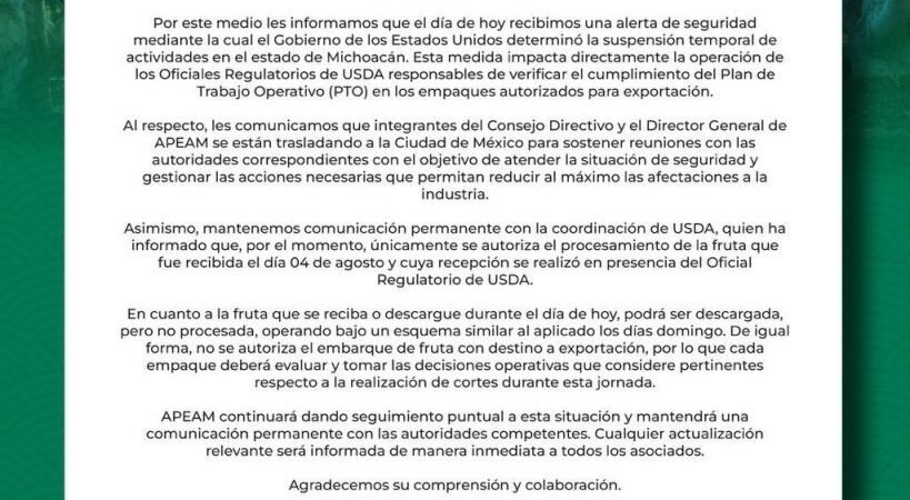 Alerta de seguridad en Michoacán frena exportación de aguacate a EEUU: APEAM