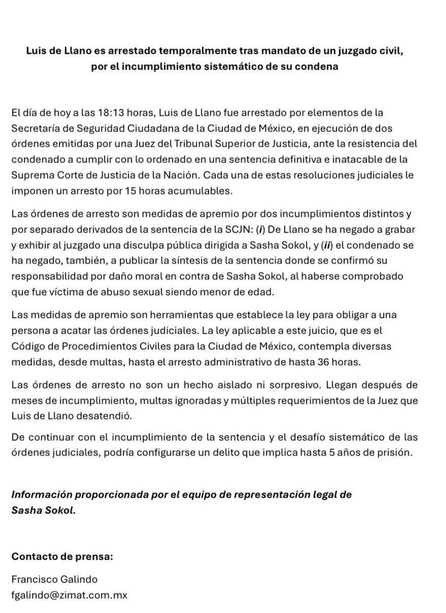 Detienen a Luis de Llano por caso con Sasha Sokol: Autoridades lo acusan de incumplir la sentencia Detienen a Luis de Llano por caso con Sasha Sokol: Autoridades lo acusan de incumplir la sentencia