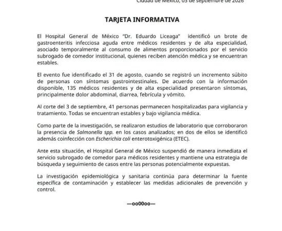 Brote de salmonela afecta a 135 residentes y personal médico de Hospital General en CDMX Brote de salmonela afecta a 135 residentes y personal médico de Hospital General en CDMX