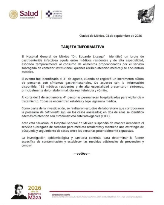 Brote de salmonela afecta a 135 residentes y personal médico de Hospital General en CDMX Brote de salmonela afecta a 135 residentes y personal médico de Hospital General en CDMX
