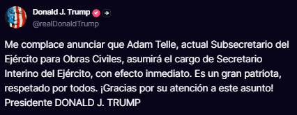 Trump nombra a Adam Telle como secretario interino del Ejército de EEUU tras salida de Driscoll