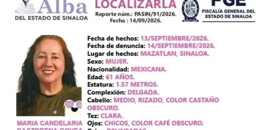 Buscan María Candelaria, excandidata a diputada desaparecida en Mazatlán, Sinaloa; activan Protocolo Alba Buscan María Candelaria, excandidata a diputada desaparecida en Mazatlán, Sinaloa; activan Protocolo Alba