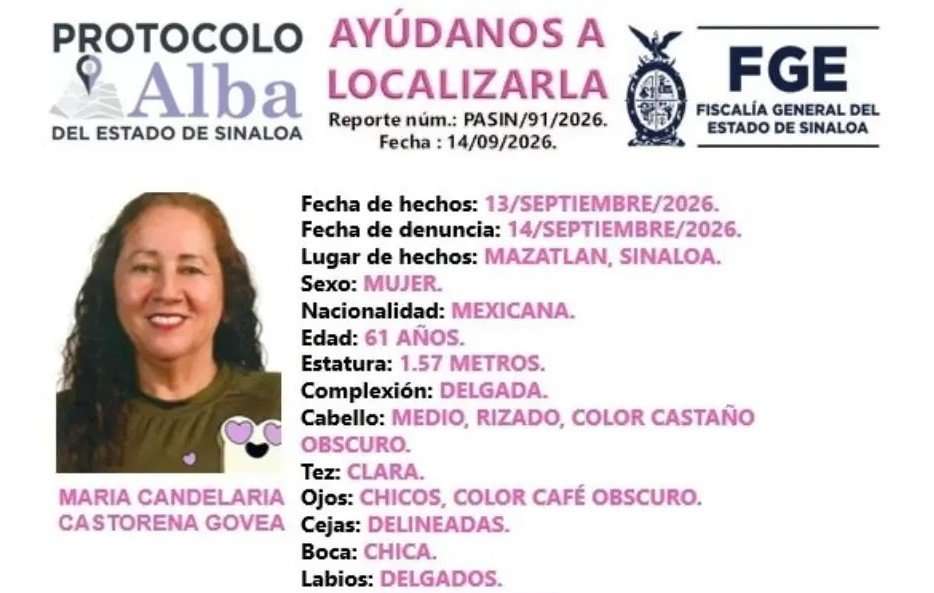 Buscan María Candelaria, excandidata a diputada desaparecida en Mazatlán, Sinaloa; activan Protocolo Alba Buscan María Candelaria, excandidata a diputada desaparecida en Mazatlán, Sinaloa; activan Protocolo Alba