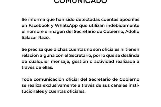 Alertan por cuentas falsas que suplantan al secretario de gobierno, Adolfo Salazar Razo, en Facebook y WhatsApp Alertan por cuentas falsas que suplantan al secretario de gobierno, Adolfo Salazar Razo, en Facebook y WhatsApp