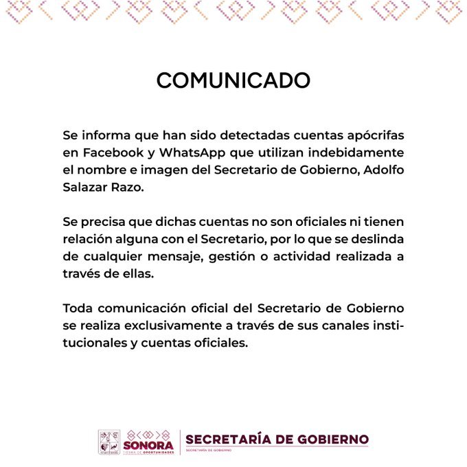 Alertan por cuentas falsas que suplantan al secretario de gobierno, Adolfo Salazar Razo, en Facebook y WhatsApp Alertan por cuentas falsas que suplantan al secretario de gobierno, Adolfo Salazar Razo, en Facebook y WhatsApp