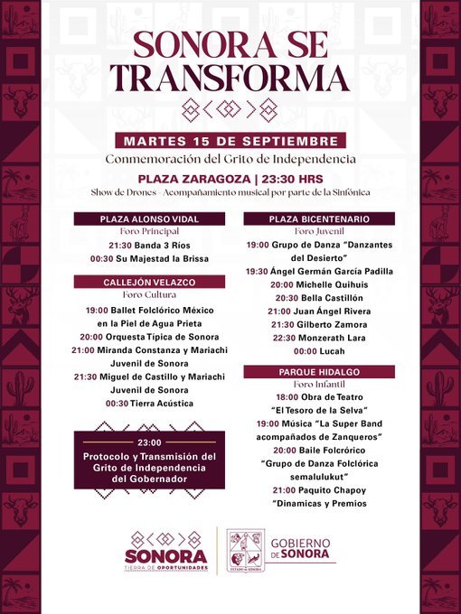 La Brissa y Banda 3 Ríos amenizarán Grito de Independencia en Hermosillo: horarios, lugar y programa completo La Brissa y Banda 3 Ríos amenizarán Grito de Independencia en Hermosillo: horarios, lugar y programa completo